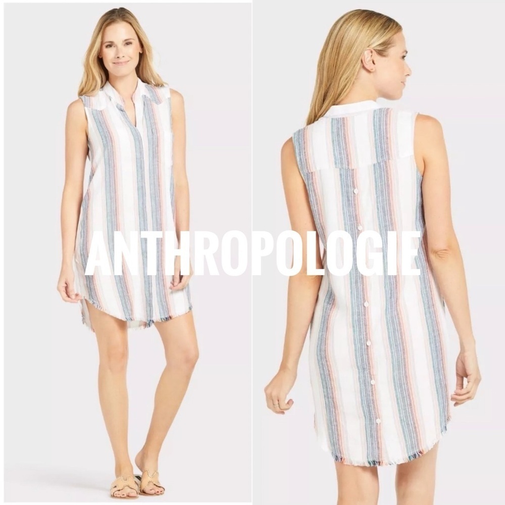 Anthropologie Cloth & Stone Stripe Fray Button Down Sleeveless/Shirt Dress sizeS